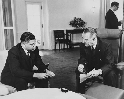 Young, Dr. Whitney Jr., Executive Director of National Urban League 1961-1971, Kentucky State Graduate 1941, Education in Civil Rights, native of Simpsonville, pictured with President of the United States Lyndon B. Johnson
