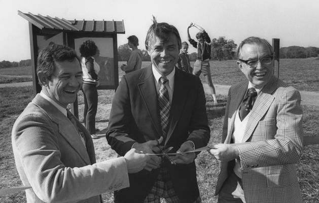 Zumwinkle, Robert, Vice President of Student Affairs, left to right, Joe Burch, Dean of Students; Cliff Hagan, Athletic Director; Robert Zumwinkle, Vice President of Student Affairs, image used in Communi-K