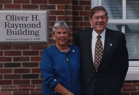 Raymond, Oliver H., College of Engineering alumnus at the dedication of the Oliver H. Raymond Building with his spouse, Anne Hart Raymond, alumna of the College of Commerce / Business and Economics