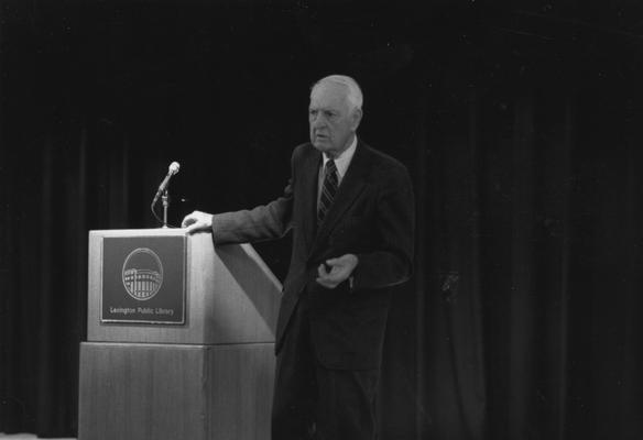 Clark, Thomas D., Alumnus, Master of Arts, 1929, Distinguished Professor, History Department, 1931 - 1968, Noted author and historian, Expert on Kentucky and Southern culture, pictured speaking at the opening of the Lexington Public Library