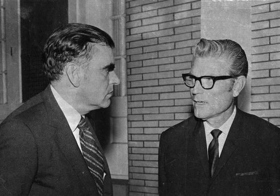 Charlesworth, Harold K., Professor, Business Administration, Director, Office of Development Service and Business Research, Associate Dean, College of Business and Economics, dates?, pictured with John Shannon, Assistant Director, Advisory Commission on Inter - Governmental Relations at the Municipal Government Seminar, held 1970 at the Carnahan House Conference Center