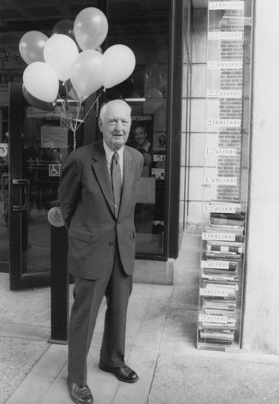 Clark, Thomas D., Alumnus, Master of Arts, 1929, Distinguished Professor, History Department, 1931 - 1968, Noted author and historian, Expert on Kentucky and Southern culture, pictured in front of Margaret I. King South Library at the 2 - Millionth book celebration