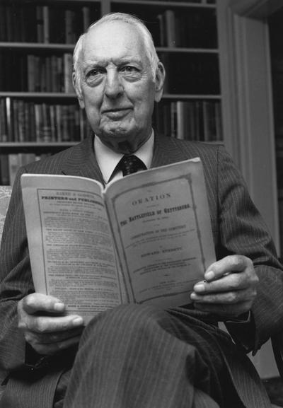 Clark, Thomas D., Alumnus, Master of Arts, 1929, Distinguished Professor, History Department, 1931 - 1968, Noted author and historian, Expert on Kentucky and Southern culture, featured with the an early pamphlet printing of Lincoln's Gettysburg address which was selected as the symbolic two-millionth volume in the library