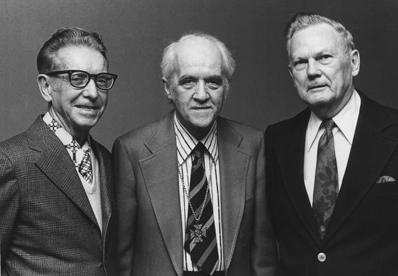 Coleman, A. Lee, Professor, Sociology, pictured with (from left) E. Grant Youmans and James Gladden at University Kentucky symposium held in their honor, March 27, 1978