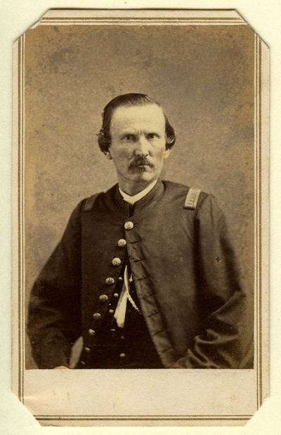 Unidentified man in Union 9-button officer's shell coat; shoulder boards indicate a rank of Captain; possibly Captain Matthew Martin Clay (?-?), U.S.A.; 21st Regiment, Kentucky Infantry, nephew by marriage of Eldred Simpkins Dudley (Photographer: Morse's Gallery of the Cumberland, Nashville, TN)