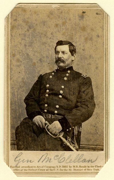Major-General George Brinton McClellan (1825-1885), U.S.A.; commander of the Army of the Potomac, ran as the Democratic Party U.S. Presidential candidate in 1864 against Lincoln, carried only three states, including Kentucky (Photographer: E. & H. T. Anthony, New York, NY [noted as being from a Brady negative])
