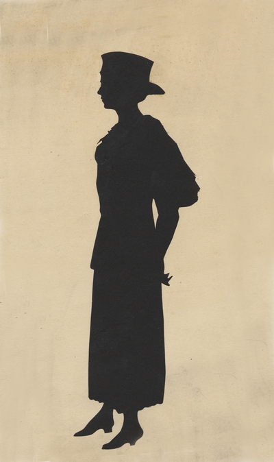 A cutout silhouette of Margaret Ingels standing wearing a hat