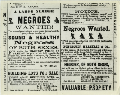 Reproduction of an advertisement printed in 1859 advertising a notice of termination of the business relationship between Joseph H. Northcutt and Lewis C. Robards and Alfred O. Robards and an advertisement for 