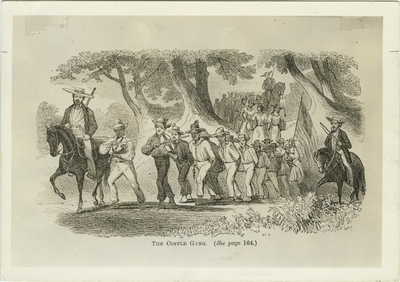 A postcard illustrating Edward Stone leading a coffle gang with fiddlers playing in front; caption on postcard: 