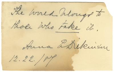 Hand written note with inscription, 
