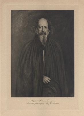 Portrait of Lord Alfred Tennyson, in long black robe, from a painting by Sir J.E. Millais