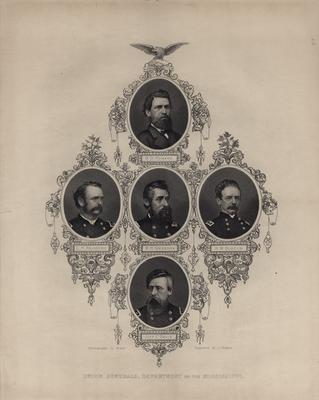 Portrait composite of Union Generals, Department of the Mississippi: O.O. Howard, L.H. Rousseau, B.H. Grierson, H.W. Slocum and Jeff C. Davis, engraving
