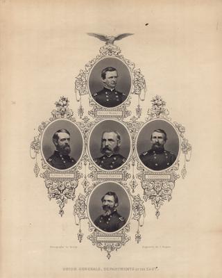 Portrait composite of Union Generals, Department of the East: Wesley Merritt, Alfred H. Terry, John C. Foster, George Crook and John Sedgwick, engraving