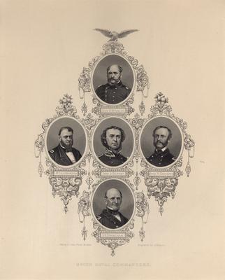 Portrait composite of Union Naval Commanders: John A. Winslow, L.M. Goldsborough, Sam J. Dupont [should be Sam. F. Dupont], John A. Dahlgren and S.H. Stringham, engraving