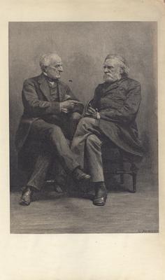 Portrait of two elderly unidentified men sitting, facing each other