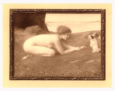A nude figure and a rabbit. Photographic reproduction of a painting
