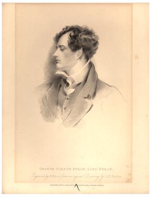 Portrait of George Gordon Byron (Lord Byron), engraving by H. Meyer from an original drawing by G. H. Harlow; published Jan. 30, 1816