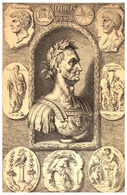 Portrait of the bust of Julius Caesar surrounded by drawings of other Romans
