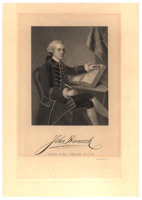 Portrait of John Hancock sitting with a book on a desk