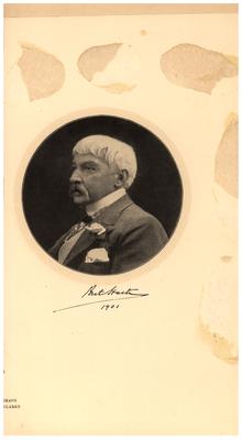 Portrait of Brete Hart as an elderly man, with printed autograph. Dated 1901