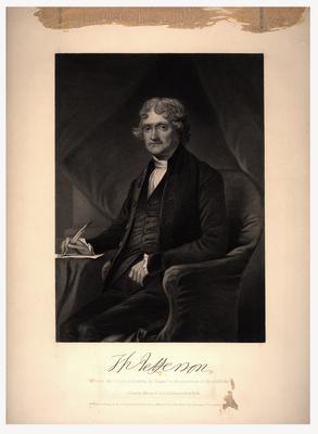 Portrait of Thomas Jefferson, seated in chair, with printed autograph