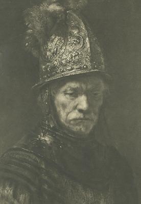 Portrait of an unidentified grim-faced man in a steel helmet and armor