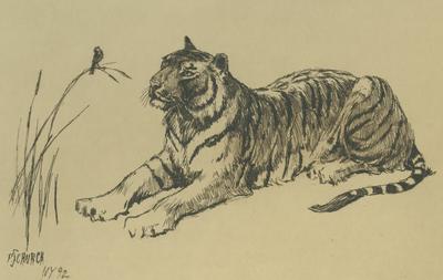 Print of                              Resting Tiger and Bird (1892) by Frederick Stuart Church
