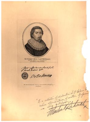 Portrait of Lord Baltimore with printed autograph and seal