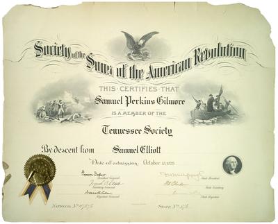 Certificate from the Tennessee Society for Samuel Perkins Gilmore issued on October 13, 1928