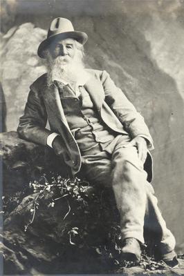 Portrait of Walt Whitman, outdoors, leaning on a rock wall