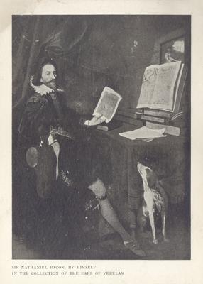 Portrait of Sir Nathaniel Bacon (sitting at a desk with a dog at his feet) in the collection of the Earl of Verulam