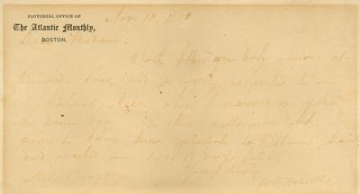 Hand written note with faint signature of William Dean Howells, William Dean