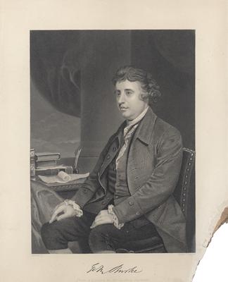 Portrait of Edmund Burke, sitting, with printed autograph