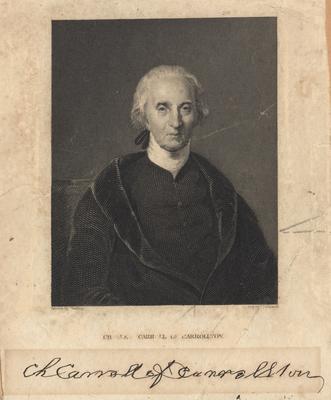 Portrait of Charles Carroll of Carrollton, American colonial leader, with printed autograph