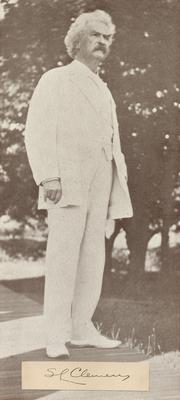 Portrait of Samuel Clemens (Mark Twain), American novelist, humorist and travel writer, with printed signature