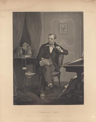 Portrait of James Fenimore Cooper, American novelist, sitting at a desk, with printed signature