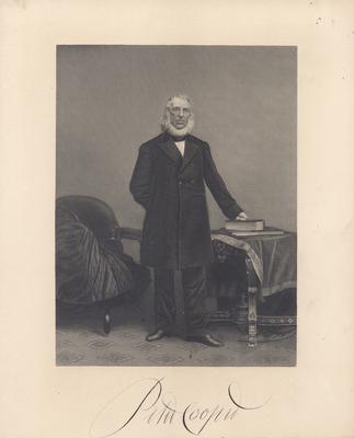 Portrait of Peter Cooper, American inventor, industrialist, and philanthropist, with printed signature