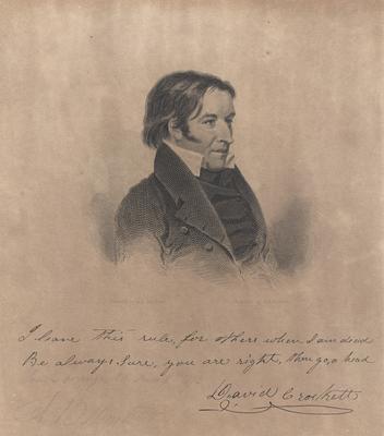 Portrait of David Crockett, American frontiersman, with inscription 