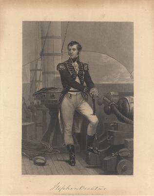 Portrait of Stephen Decatur, American naval officer; engraving with copy signature