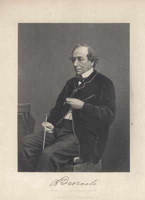 Portrait of Benjamin Disraeli, British statesman; engraving with copy signature