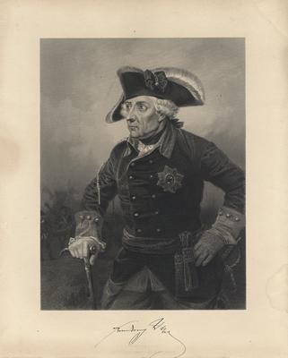 Portrait of Frederick the Great, standing in uniform, with printed signature