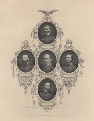 Portrait composite of the Generals of the Confederate Army, No. 1; includes Braxton Bragg, J. Longstreet, J.E. Johnston, J.B. Hood and Kirby Smith