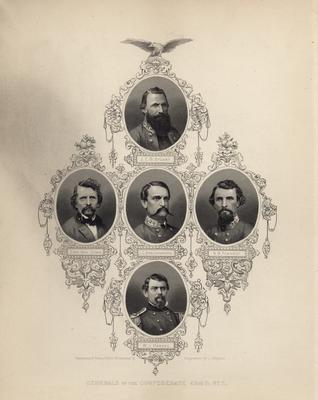 Portrait composite of the Generals of the Confederate Army, No. 2; includes J.E.B. Stuart, Earl van Doren, J.C. Breckinridge, N.B. Forrest and W.J. Hardee