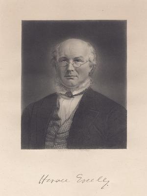 Portrait of Horace Greeley as an older man, with printed autograph