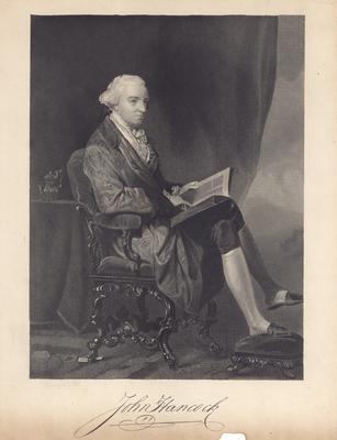 Portrait of John Hancock sitting in a chair with a book in his lap, with printed autograph