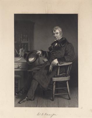 Portrait of William H. Harrison sitting at a desk, with printed autograph