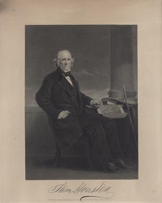 Portrait of Sam Houston, seated at a desk, with printed signature