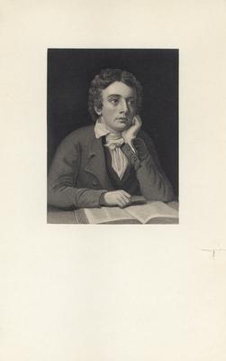 Portrait of John Keats, seated with book open on table