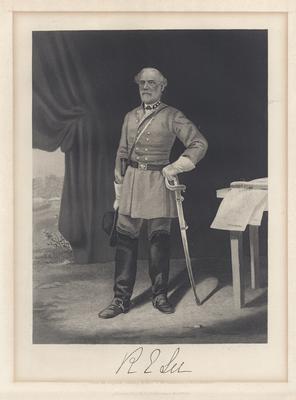 Portrait of Robert E. Lee in uniform with a sabre, with printed autograph