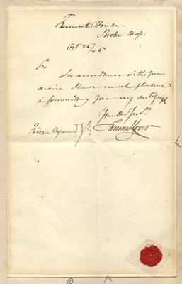 Hand written note with signature and wax seal of Samuel Lover